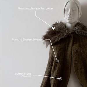 Faux Fur Poncho Sweater with Cape Sleeve and button front closure - Small (S)